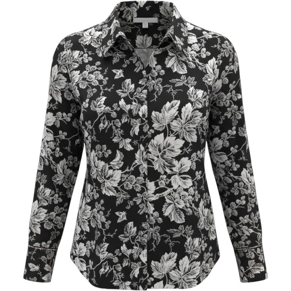 Foxcroft Tops - Foxcroft Wrinkle Free Fitted Shirt 16 Black White Floral Cotton Button Down